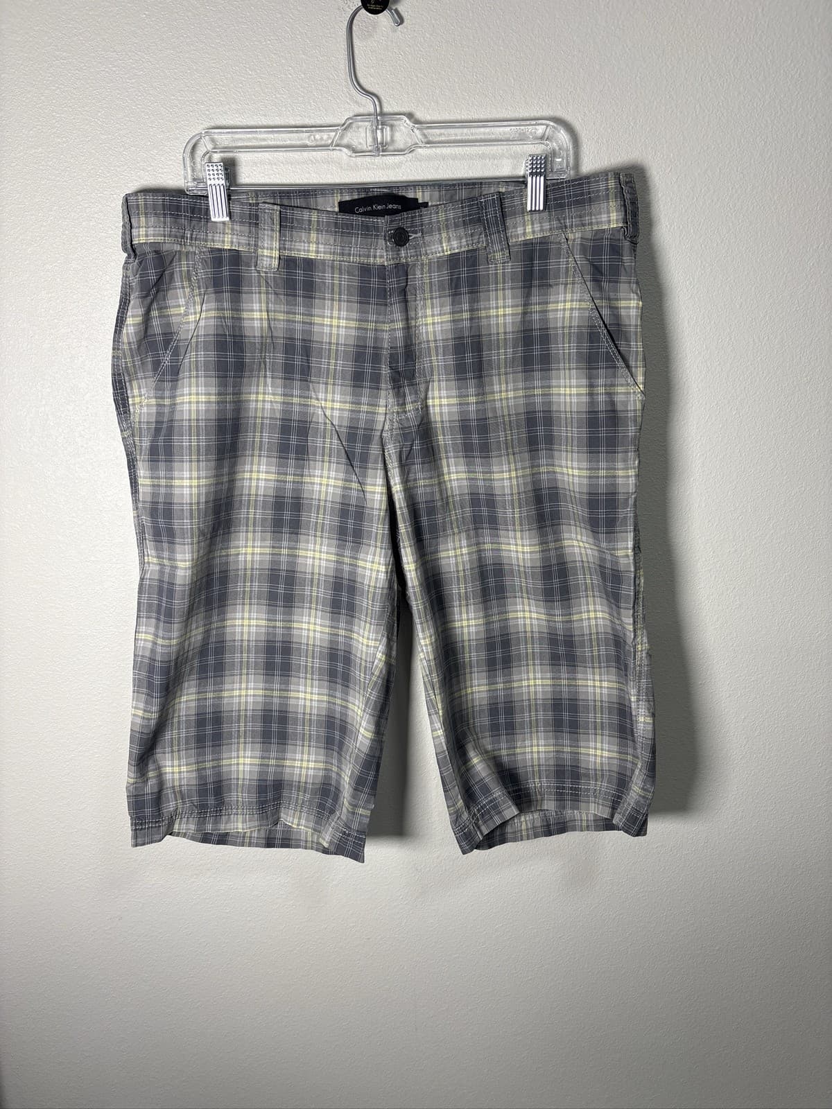 Calvin Klein Jeans Men Gray Yellow Plaid Cotton Bermuda Shorts Size 36