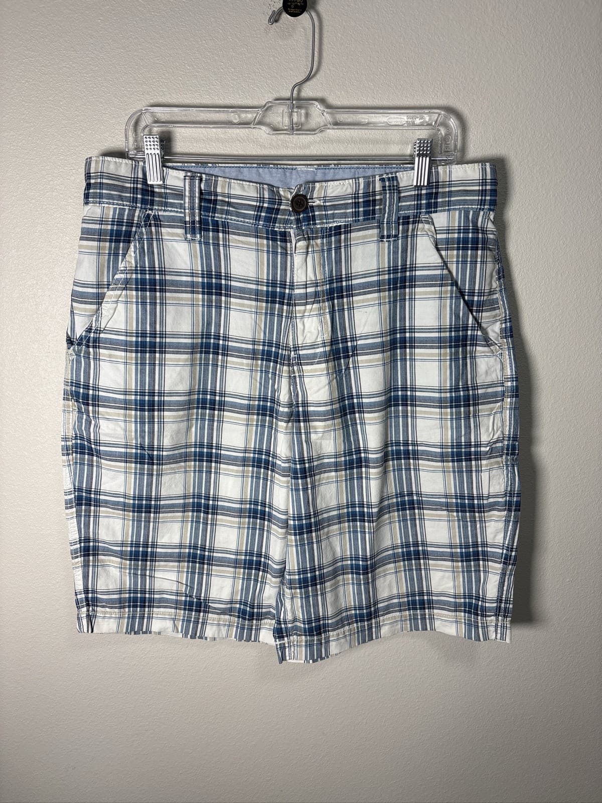Canyon River Blues Mens Blue White Plaid Flat Front Cotton Shorts 34