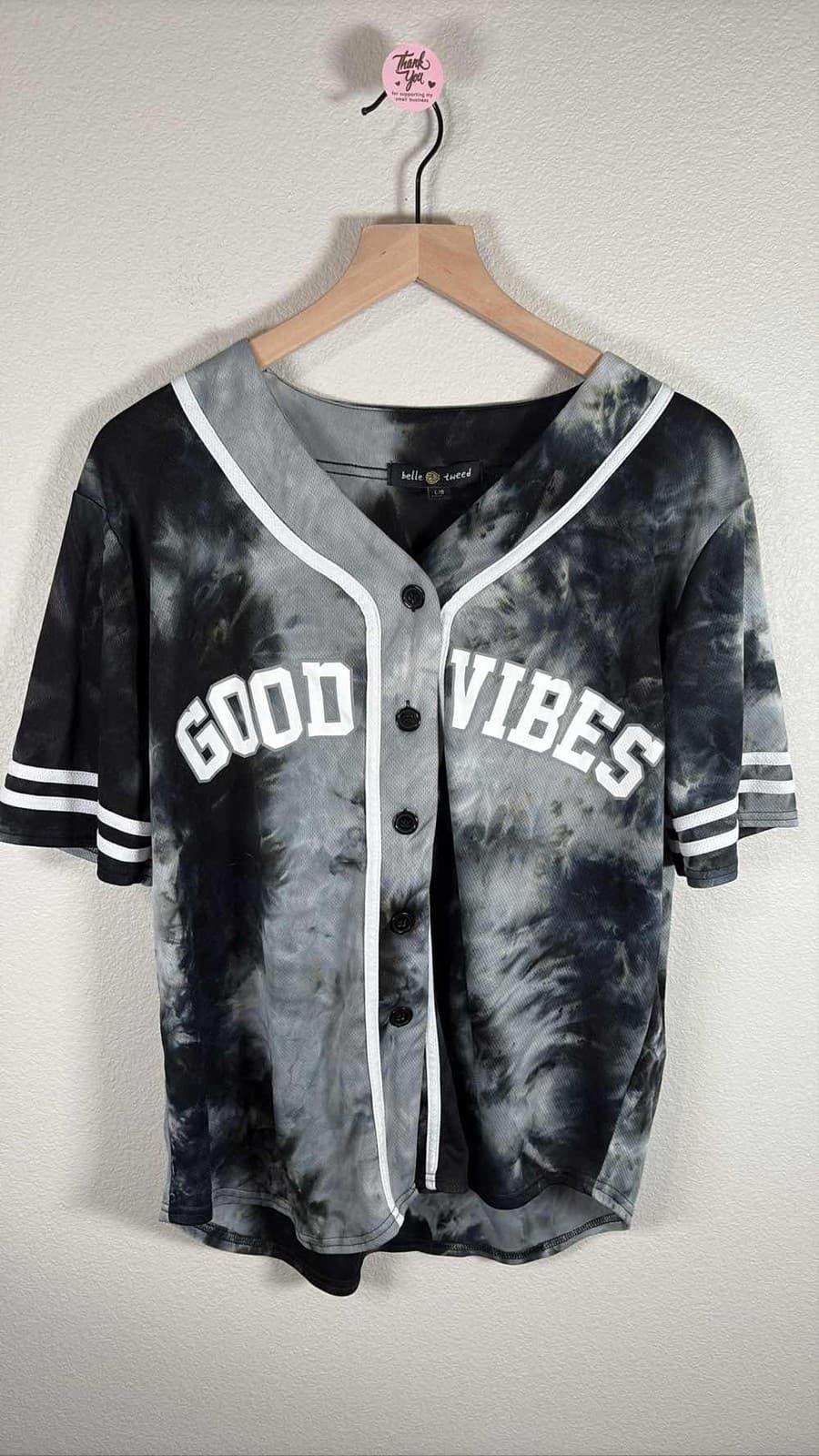 Belle & Tweed Good Vibes Tie Dye Baseball Jersey Shirt Top Women's L/XL
