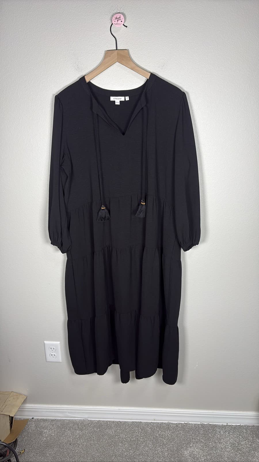 Chico's Black Midi Dress Women's Tiered Tassel Tie Neck Long Sleeve
