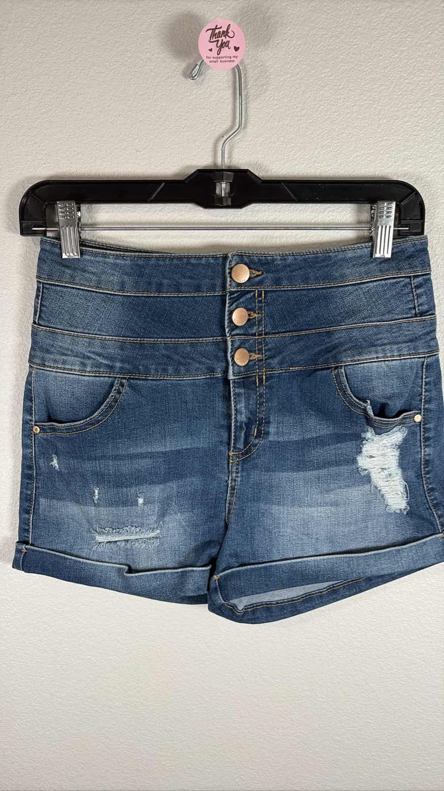 Tinseltown Women's Blue High Rise Distressed Button Fly Denim Jean Shorts 3