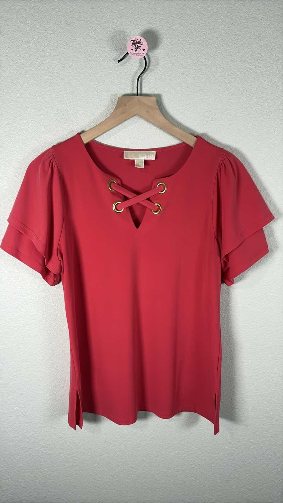 Michael Kors Red Gold Grommet Lace Up Tunic Top Ruffled Sleeve S