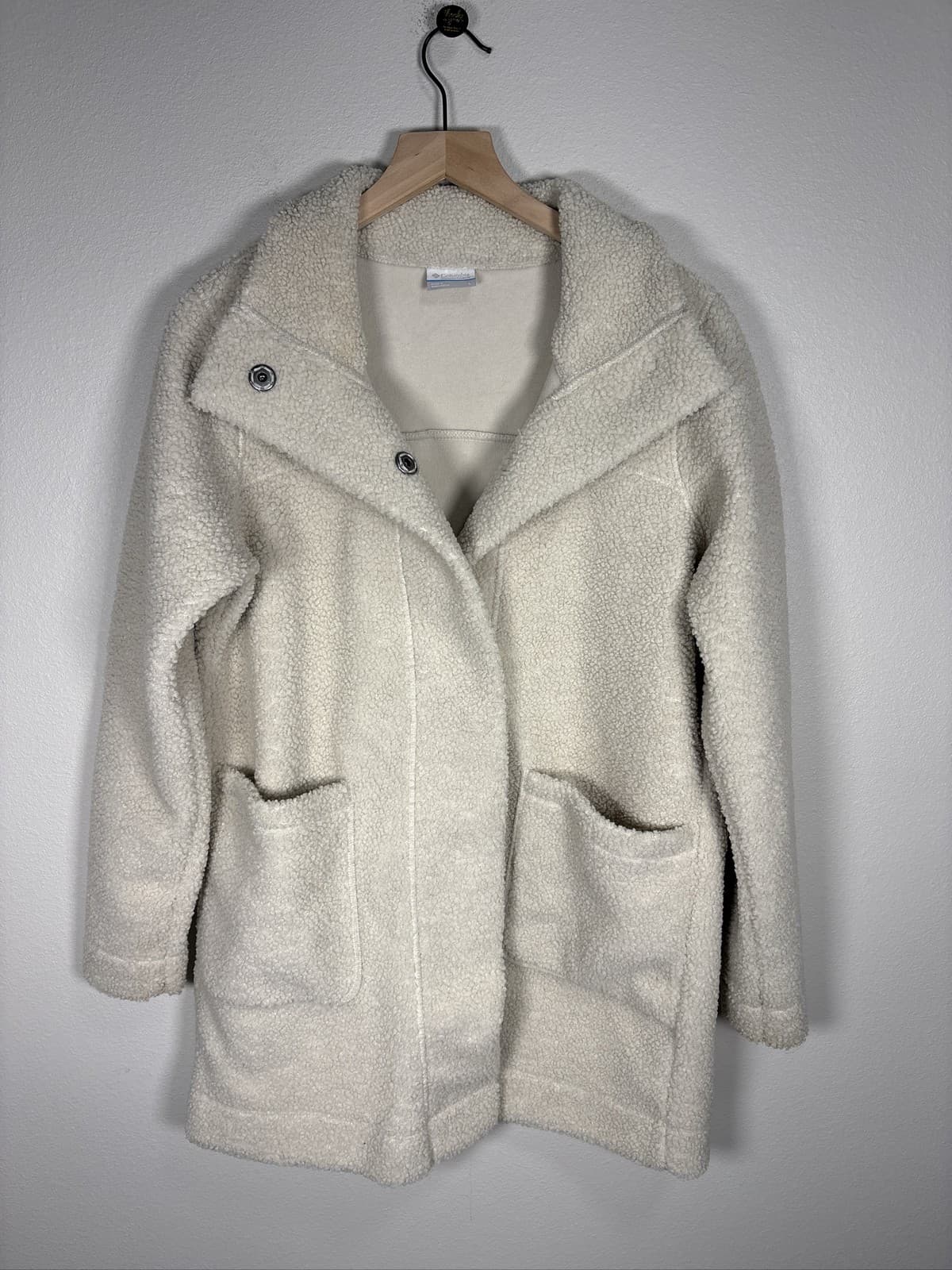 Columbia Women Panorama Long Sherpa Fleece Jacket Snap Front Chalk Coat
