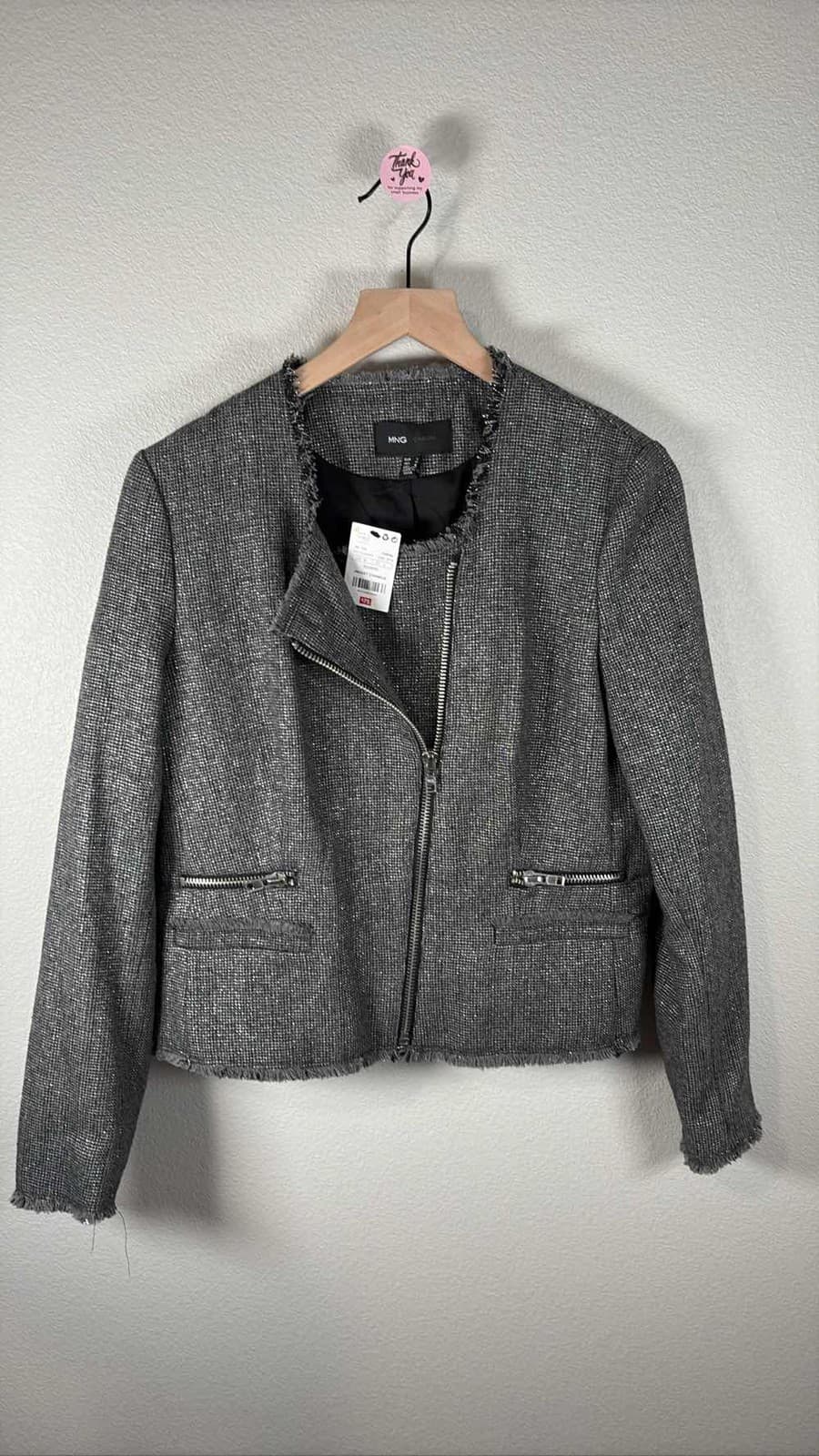 MNG Mango Gray Metallic Tweed Moto Asymmetrical Zip Fringe Blazer Jacket NWT