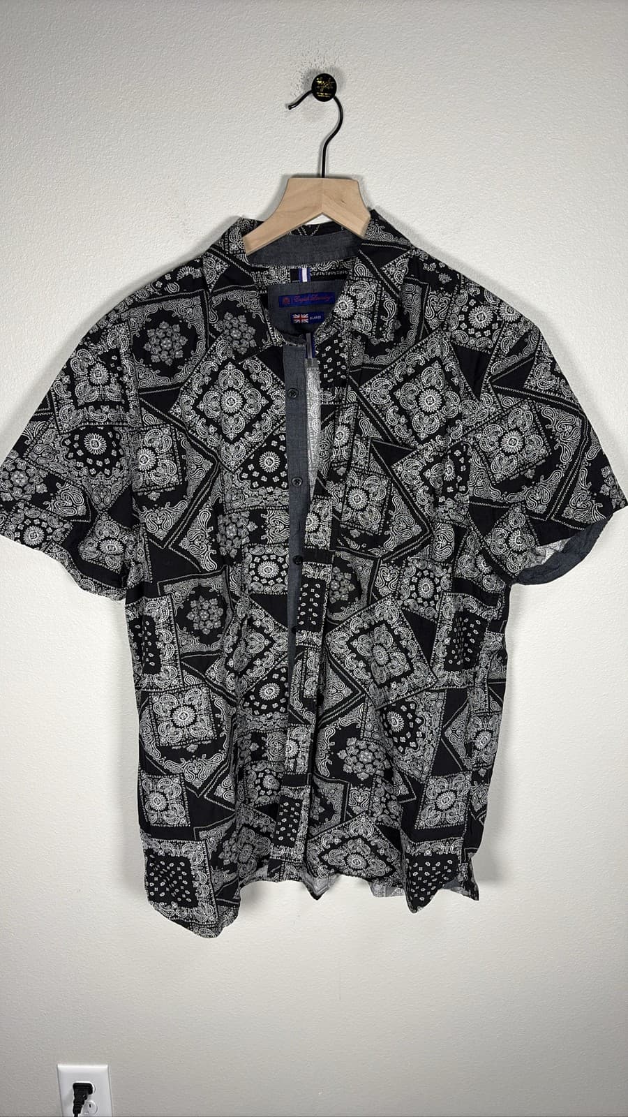 English Laundry Mens Black Bandana Paisley Patchwork Short Sleeve Shirt XL