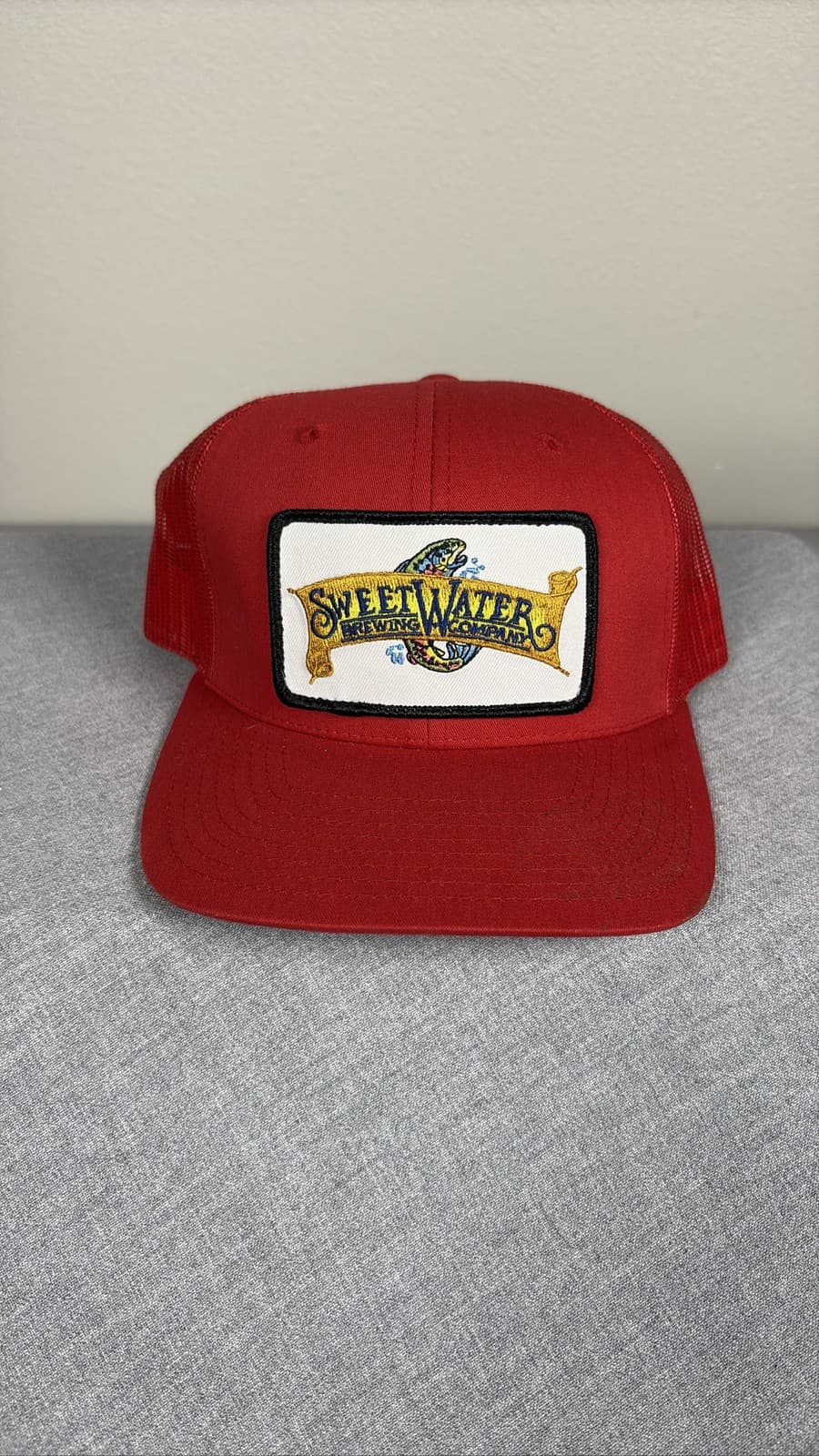 SweetWater Brewing Co Red Trucker Hat Snapback Mesh Trout Patch Cap