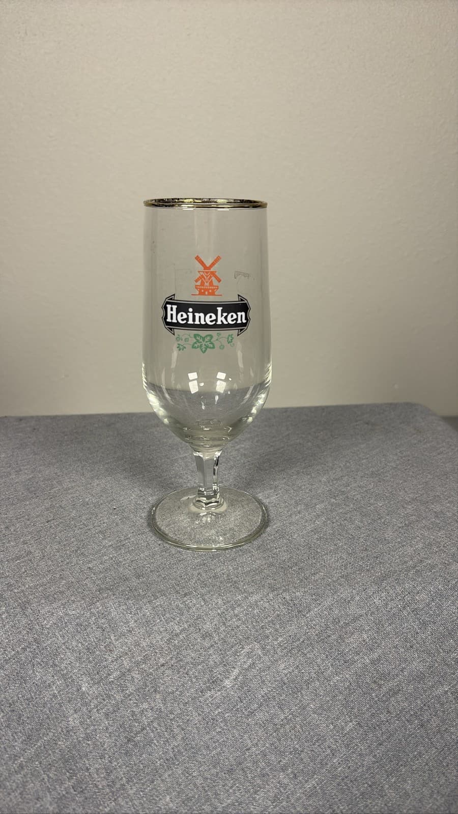 Heineken Stemmed Beer Glass Windmill Logo Gold Rim Pilsner Barware