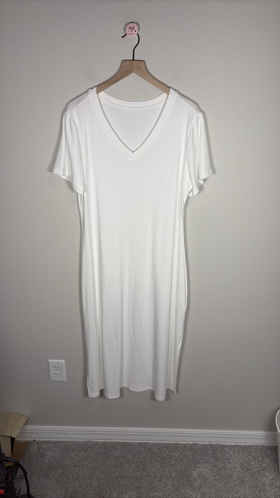 Women's White T-Shirt Dress V-Neck Short Sleeve Casual Midi Dress XL