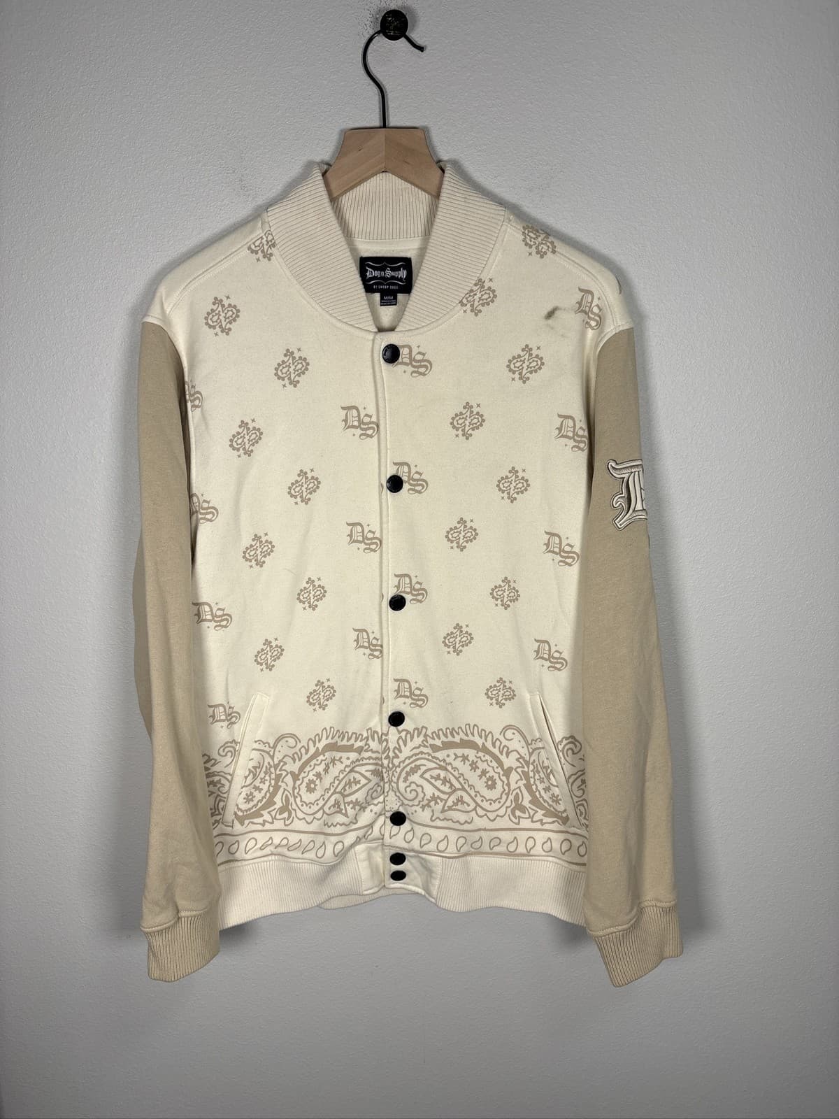 Dogg Supply by Snoop Dogg Varsity Jacket Ivory Tan Bandana Paisley Men