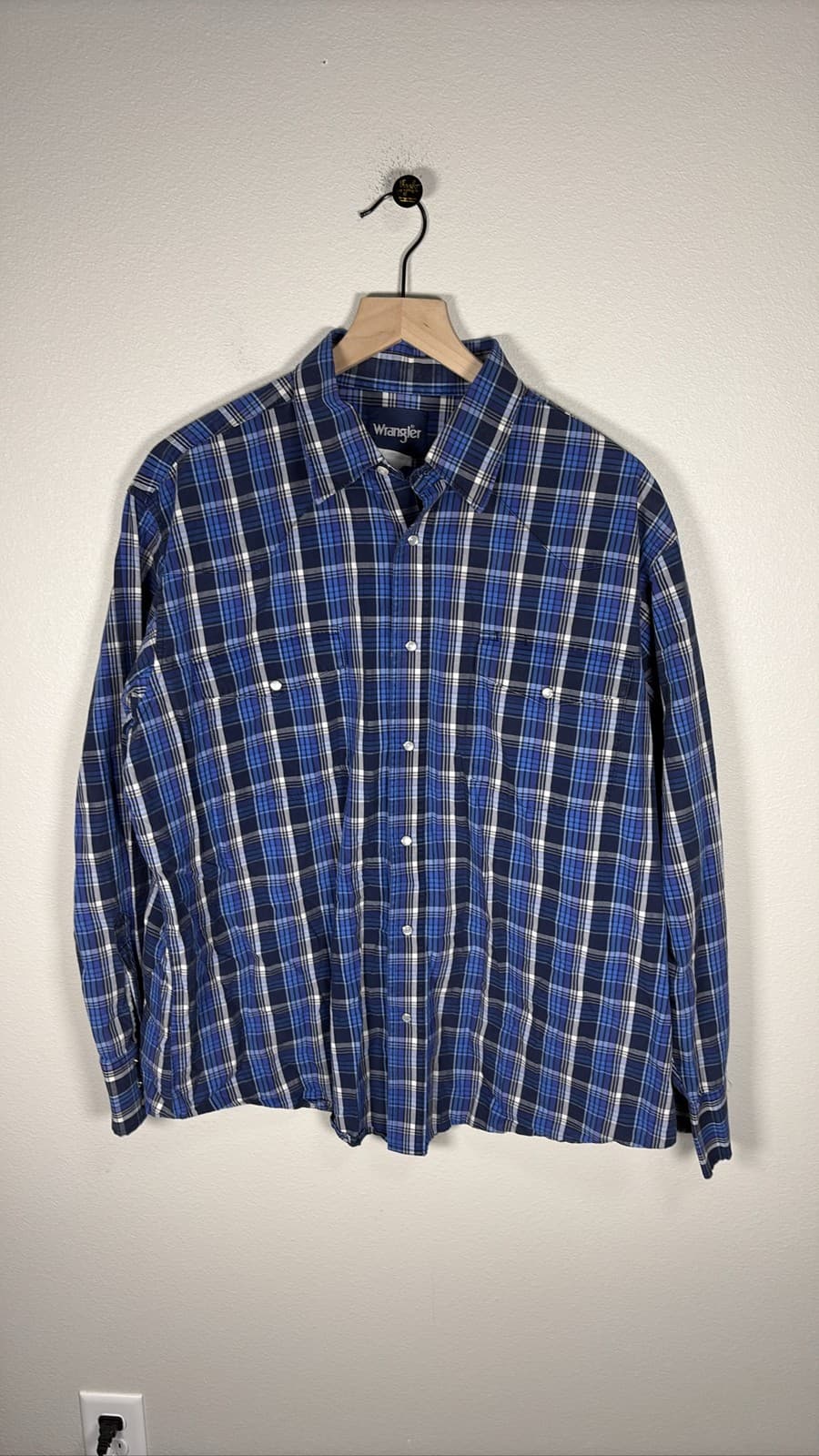 Wrangler Western Shirt Mens XL Blue Plaid Pearl Snap Long Sleeve Cowboy