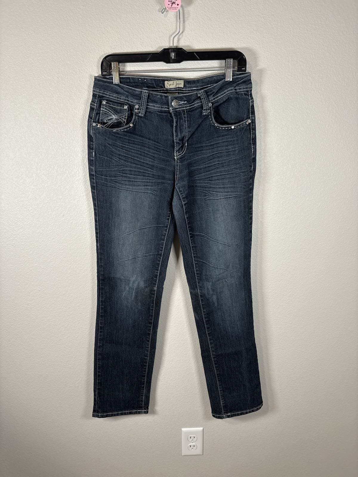 Earl Jean Womens Bootcut Jeans Embroidered Rhinestone Pockets Blue