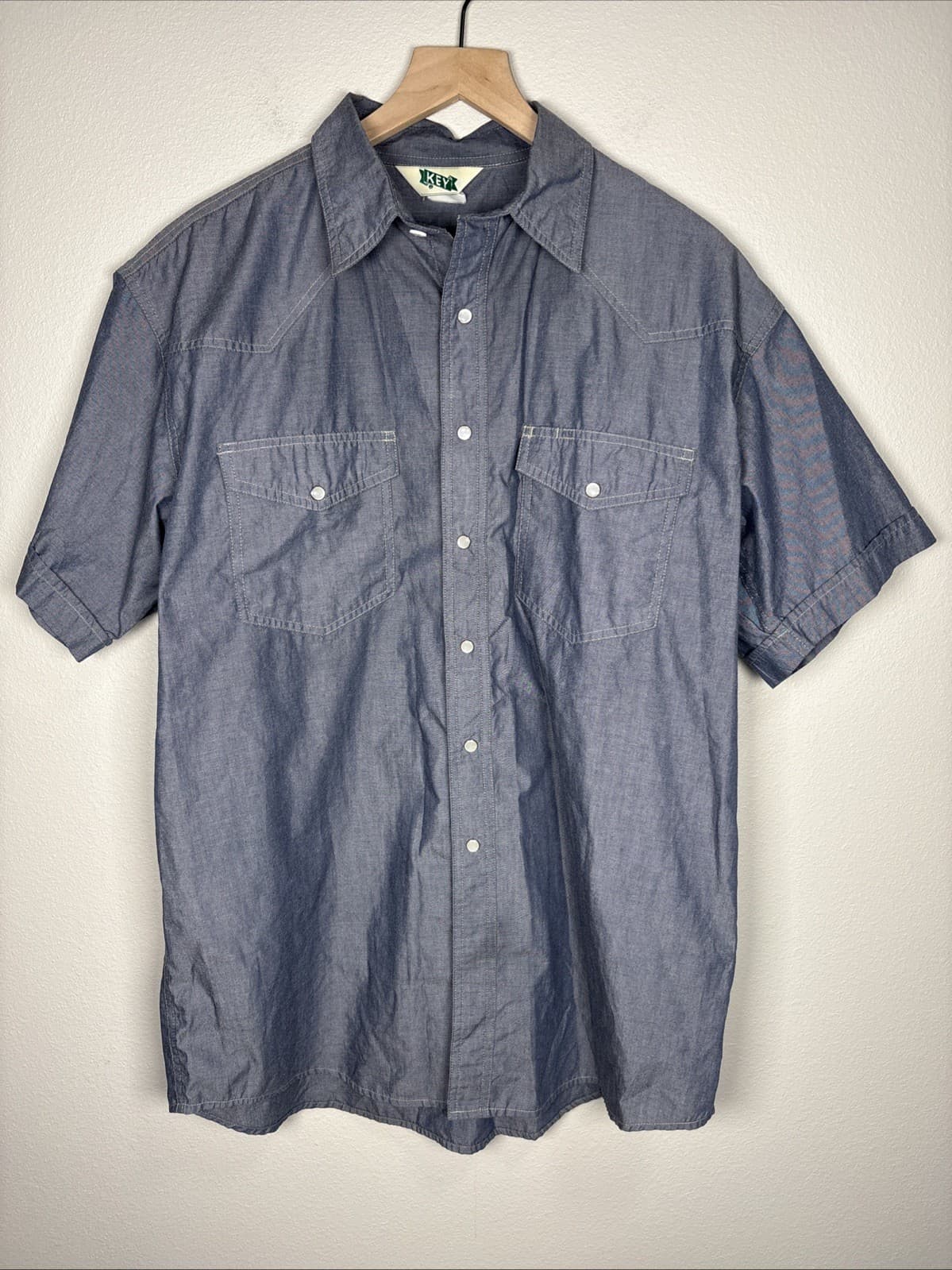 KEY Chambray Pearl Snap Western Shirt Men XLarge Blue Short Sleeve