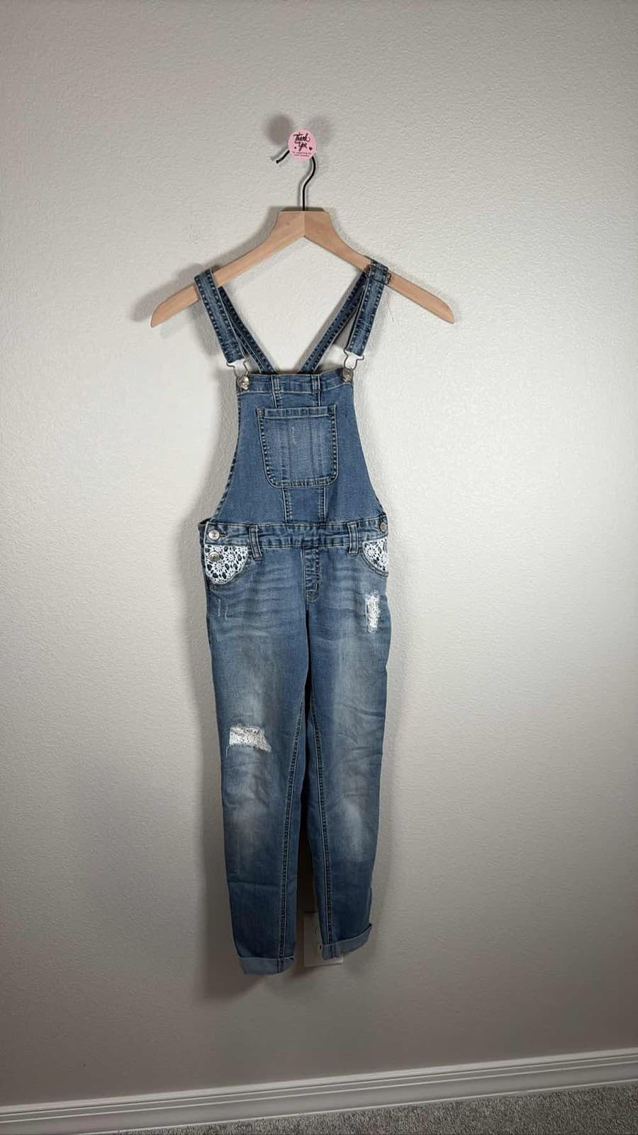 Justice Jeans Youth Skinny Denim Overalls Lace Trim Distressed Rolled Cuff 12