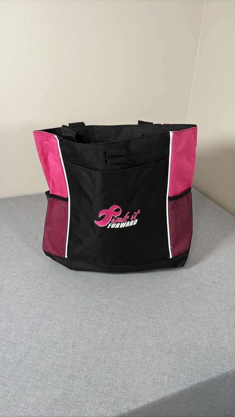Pink it Forward Black Pink Tote Bag Zippered Mesh Pockets Breast Cancer