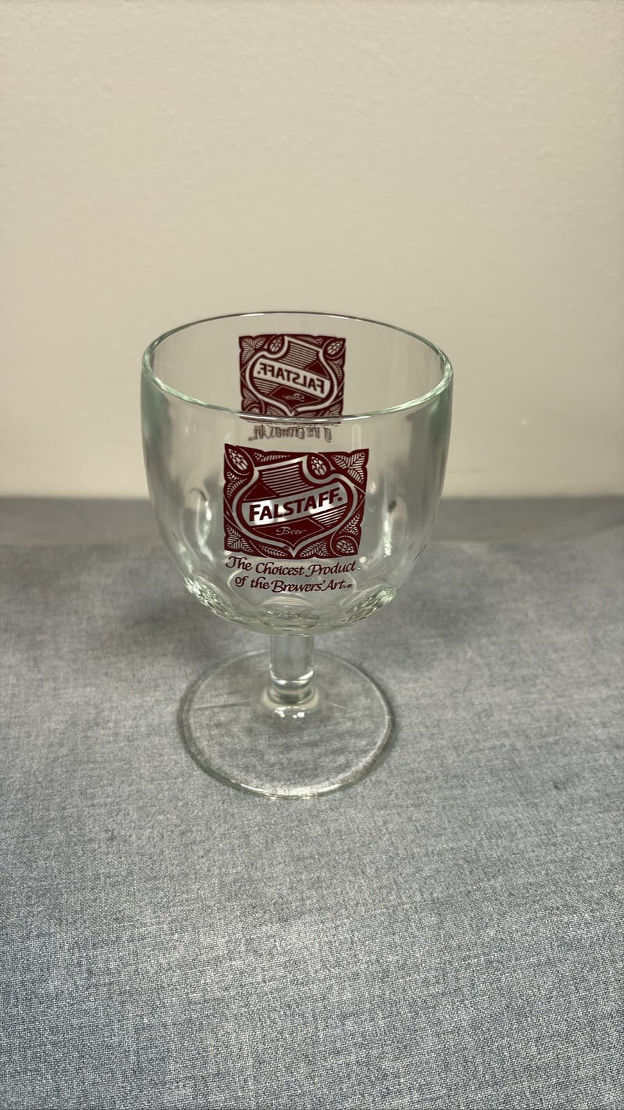 Falstaff Glass Beer Goblet Thumbprint Stemmed Schooner Red Logo 6" Tall