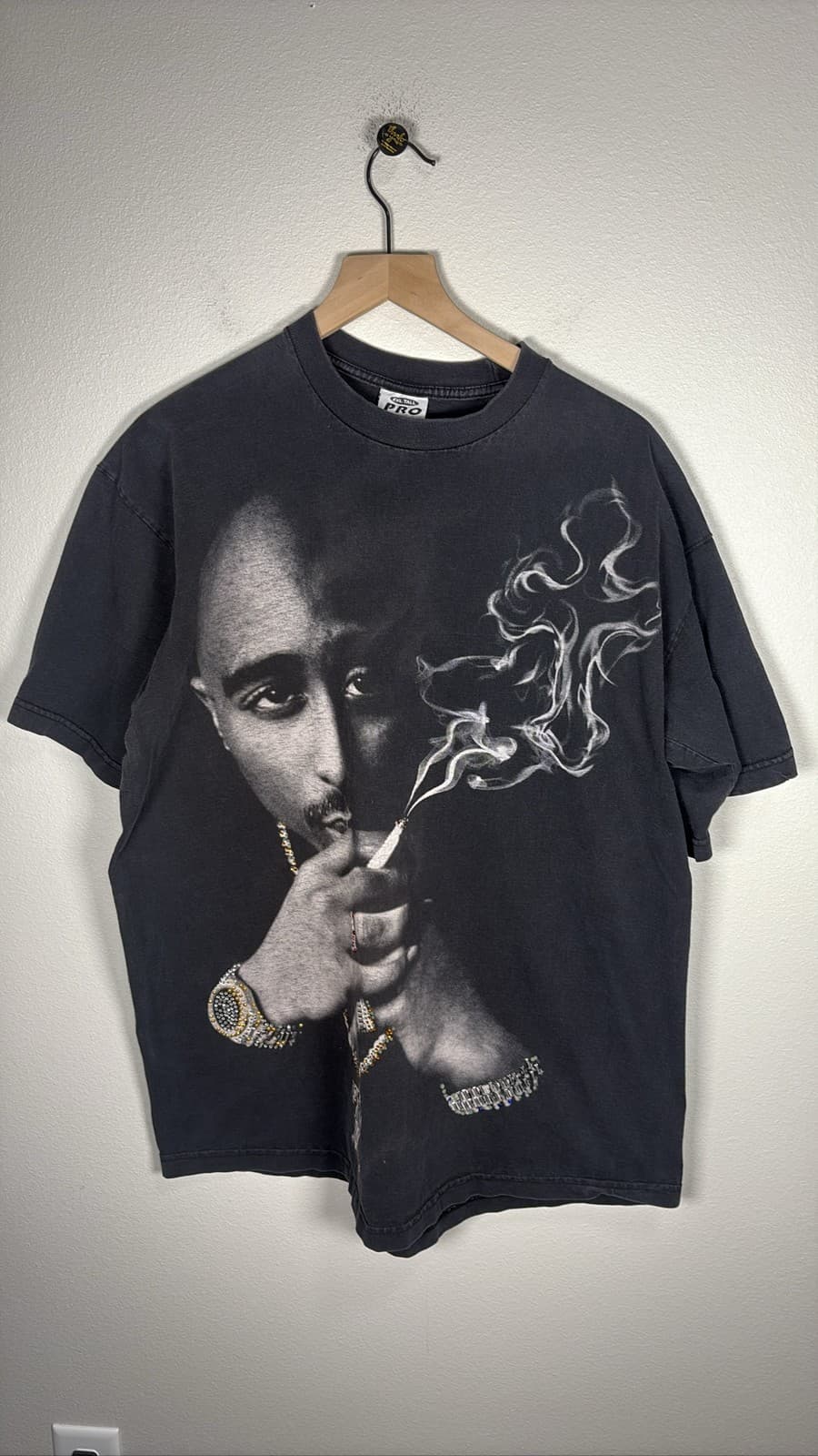 Vintage Tupac Shakur Pro Club Rhinestone T Shirt Men Black Jeweled Rap Tee 2XL