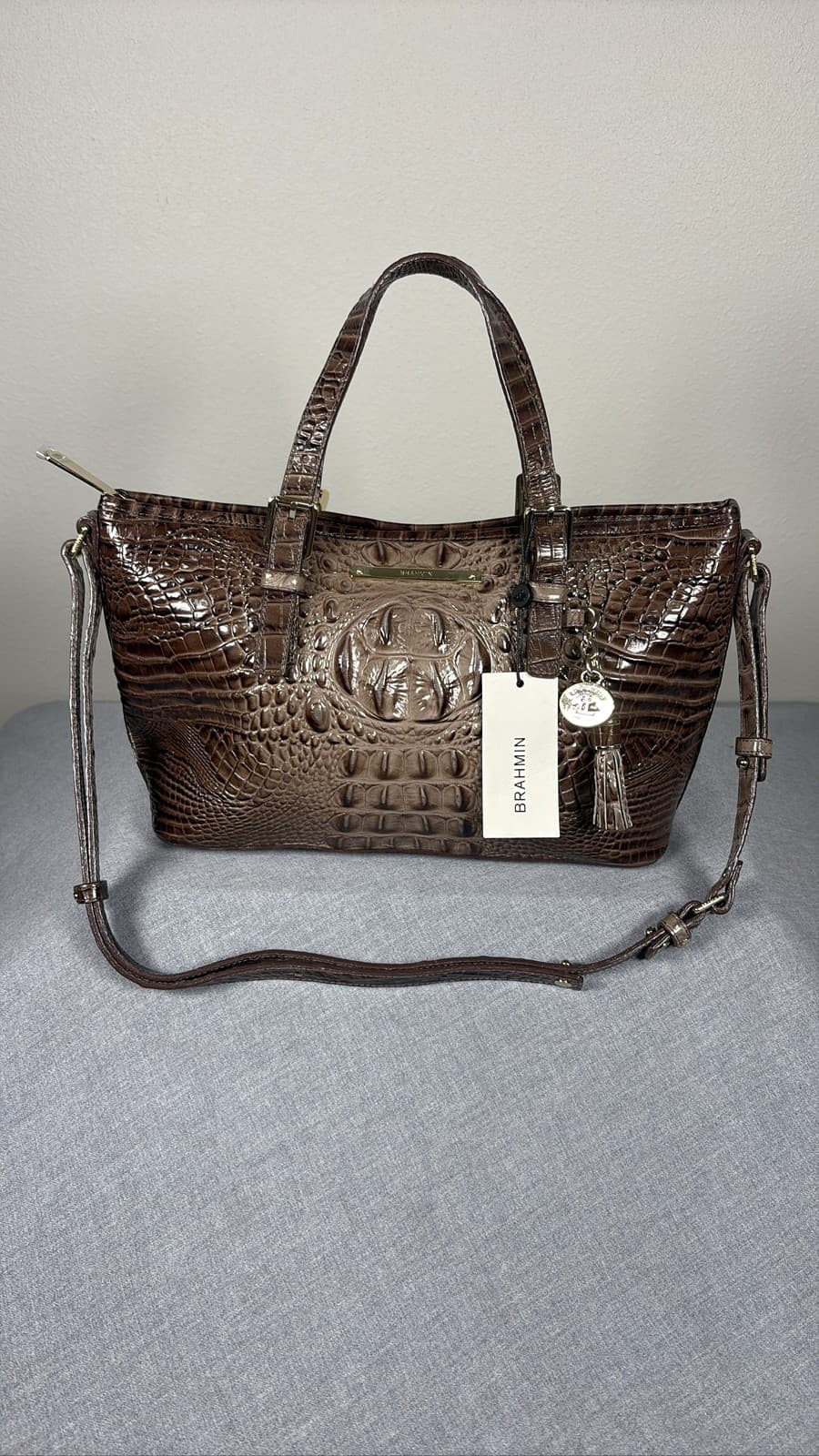 Brahmin Mini Asher Nutmeg Croc Embossed Leather Satchel Bag