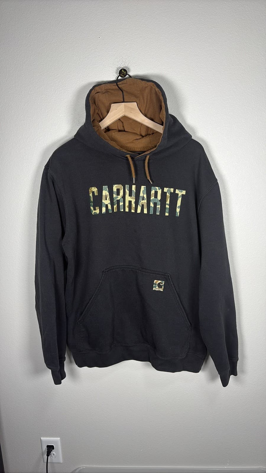 Carhartt Hoodie Mens Black Camo Logo Lined Hood Pullover Sweatshirt