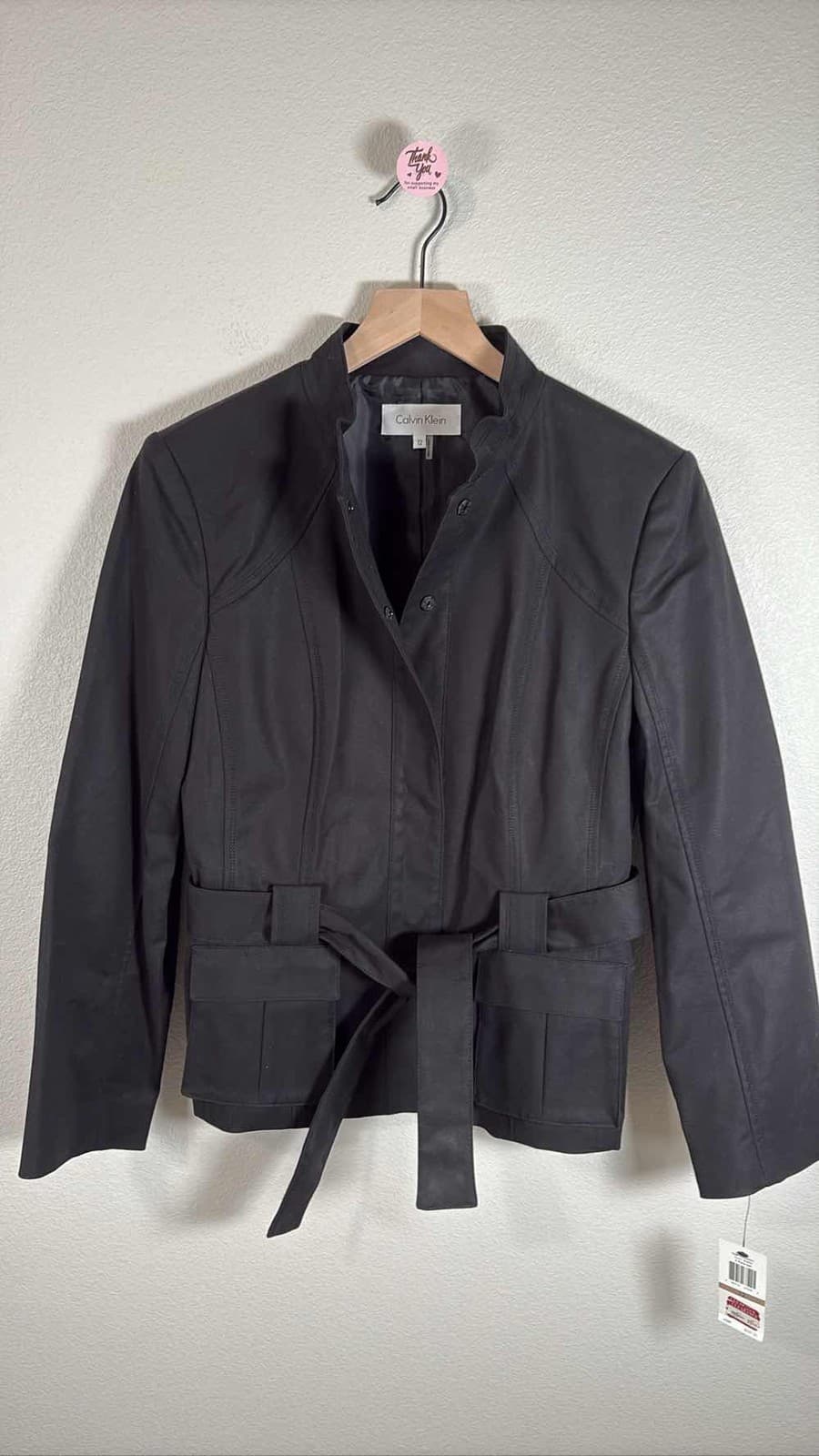 Calvin Klein Womens Black Band Collar Utility Jacket Size 12 Belted