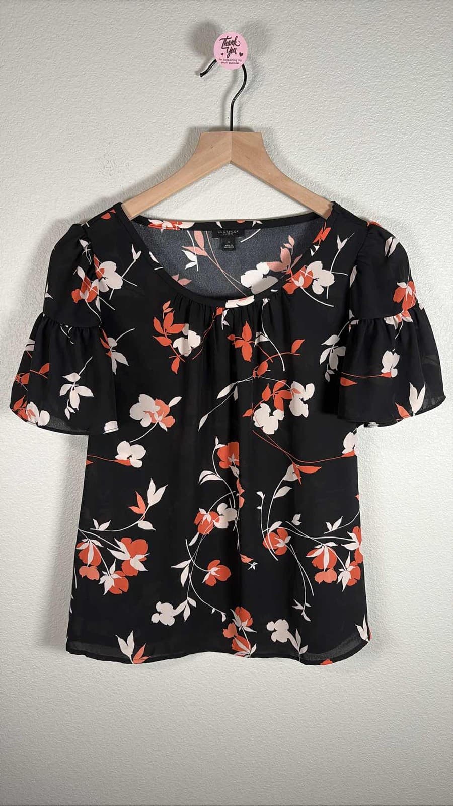 Ann Taylor Black Red White Floral Short Ruffle Sleeve Blouse Top S