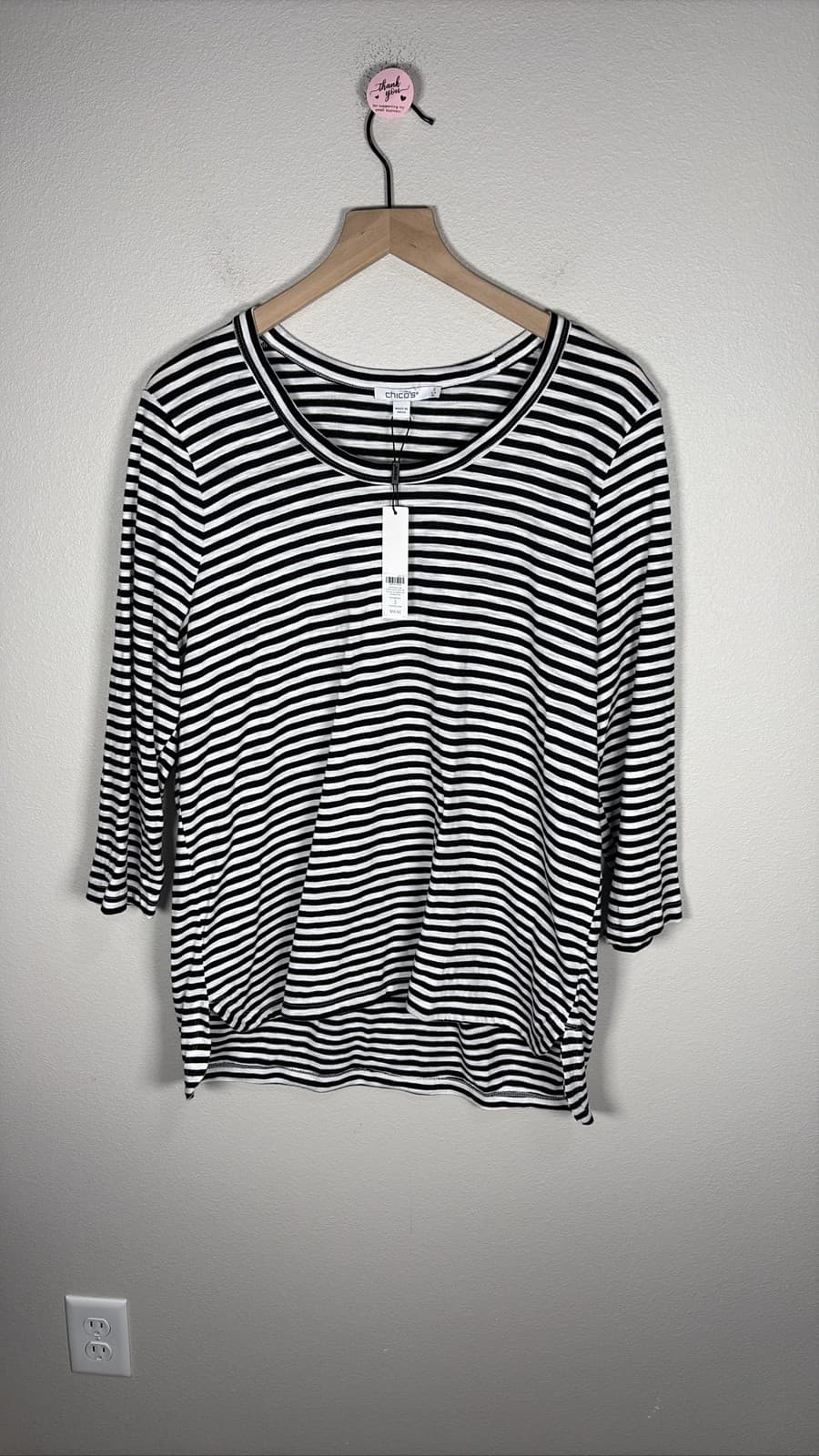 Chico's Women's Top Black White Striped 3/4 Sleeve Scoop Neck Size 3