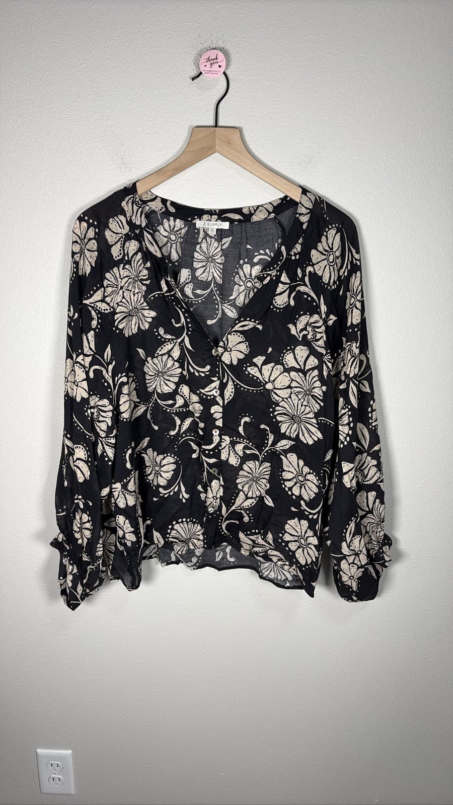 Z Supply Women's Black Tan Floral Button Down Long Sleeve Blouse XL