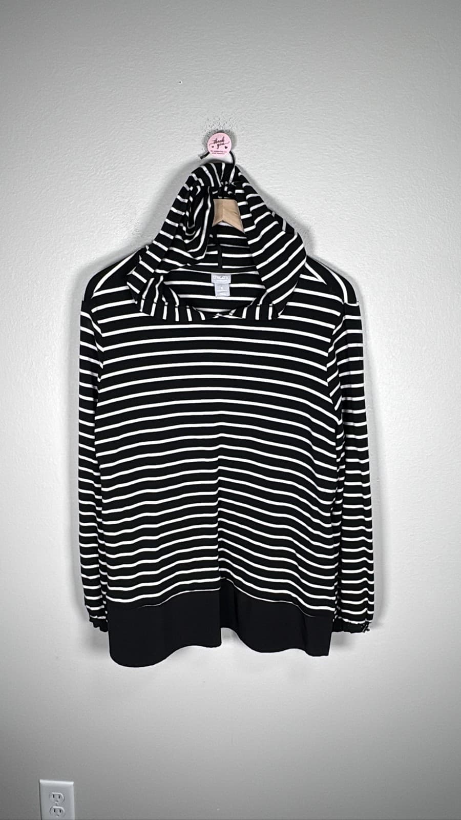 Chico's Zenergy Women's Black White Striped Long Sleeve Hoodie Pullover