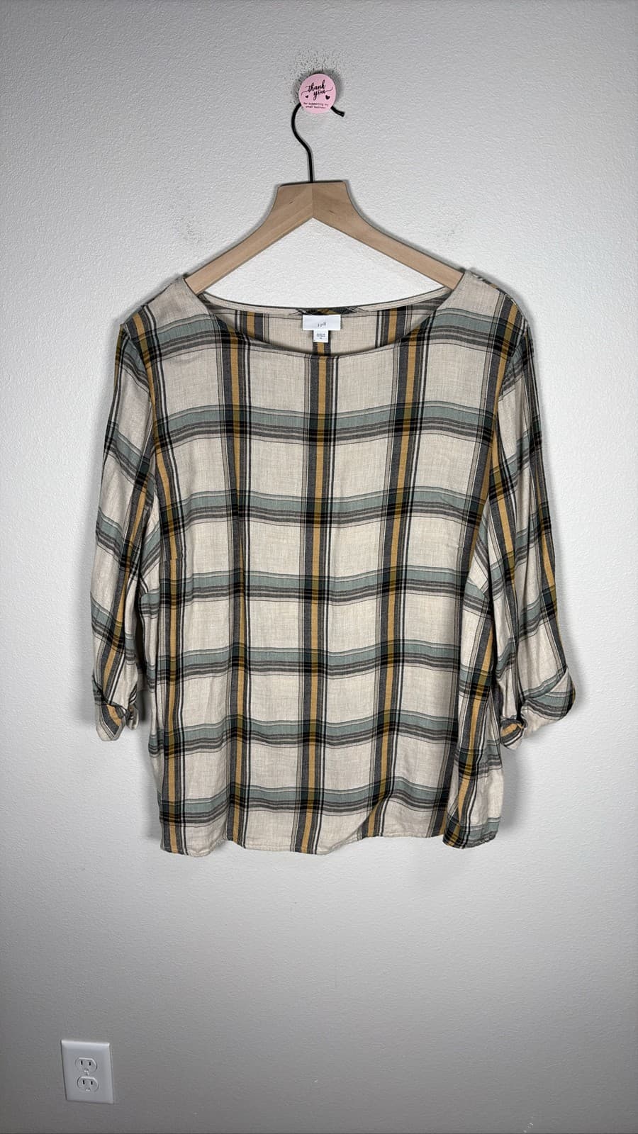 J. Jill Womens Blouse Shirt Medium Plaid 3/4 Sleeve Boat Neck