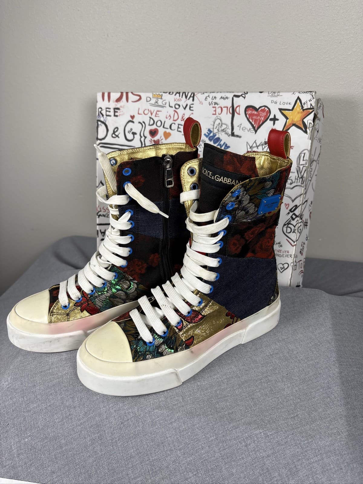 Dolce & Gabbana Multicolor Patchwork Floral Denim Sneakers