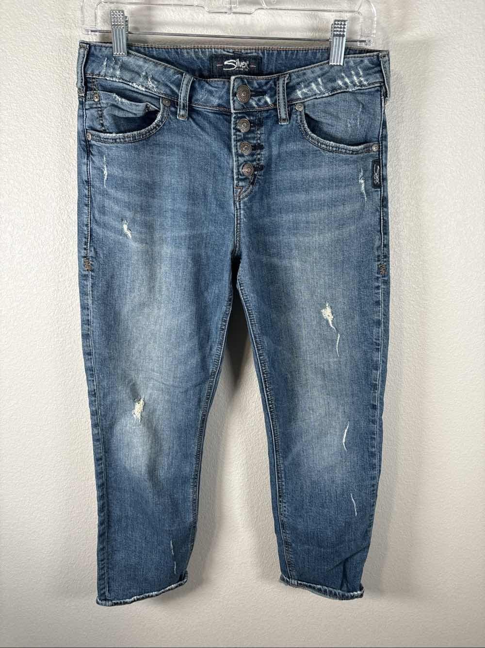 Silver Jeans Avery Slim Crop Button Fly Distressed Stretch Womens 28 x 25