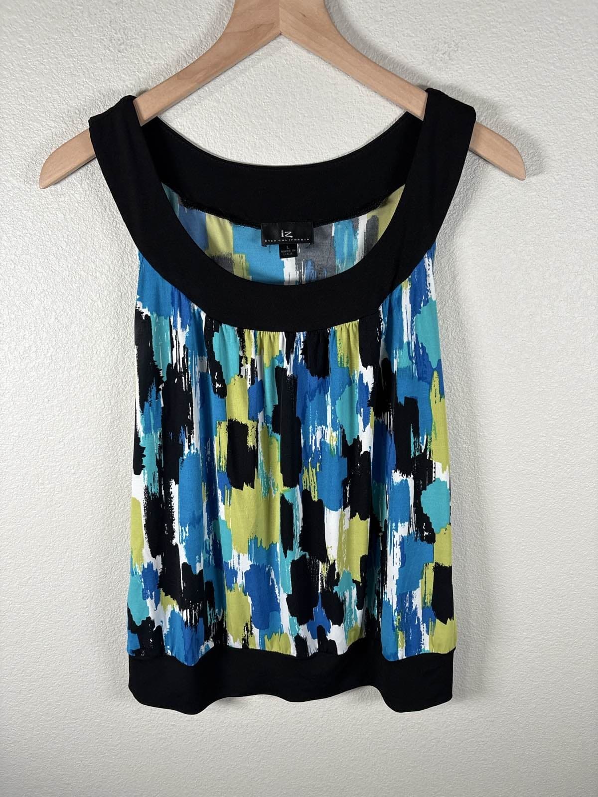 IZ Byer California L Sleeveless Abstract Blouse Blue Green Black USA