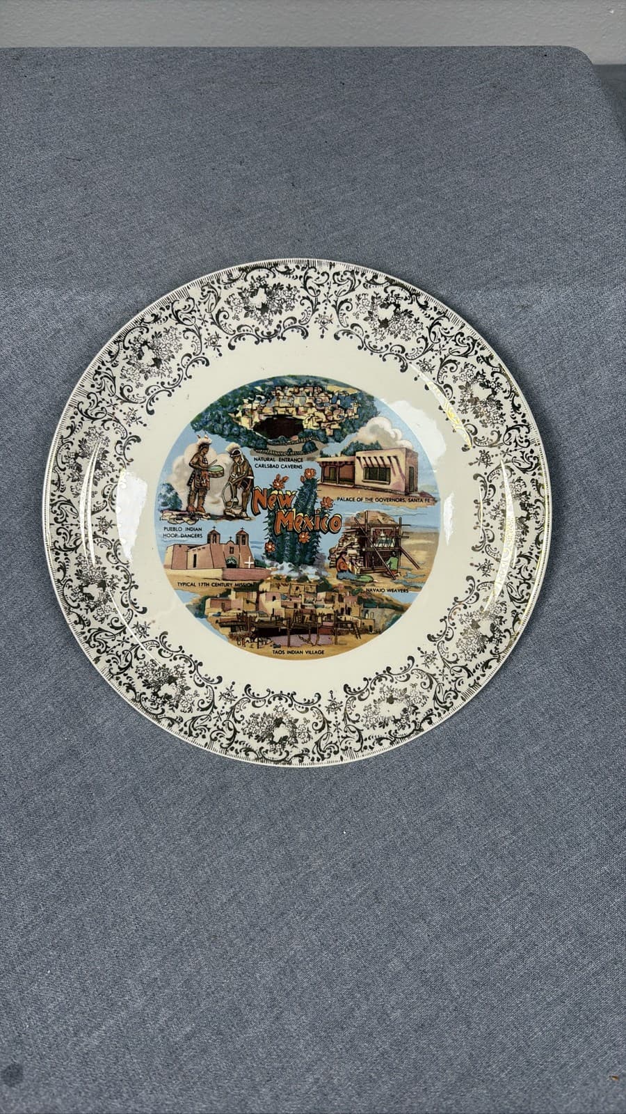 Vintage New Mexico Souvenir Collector Plate Landmarks Gold Trim Decorative