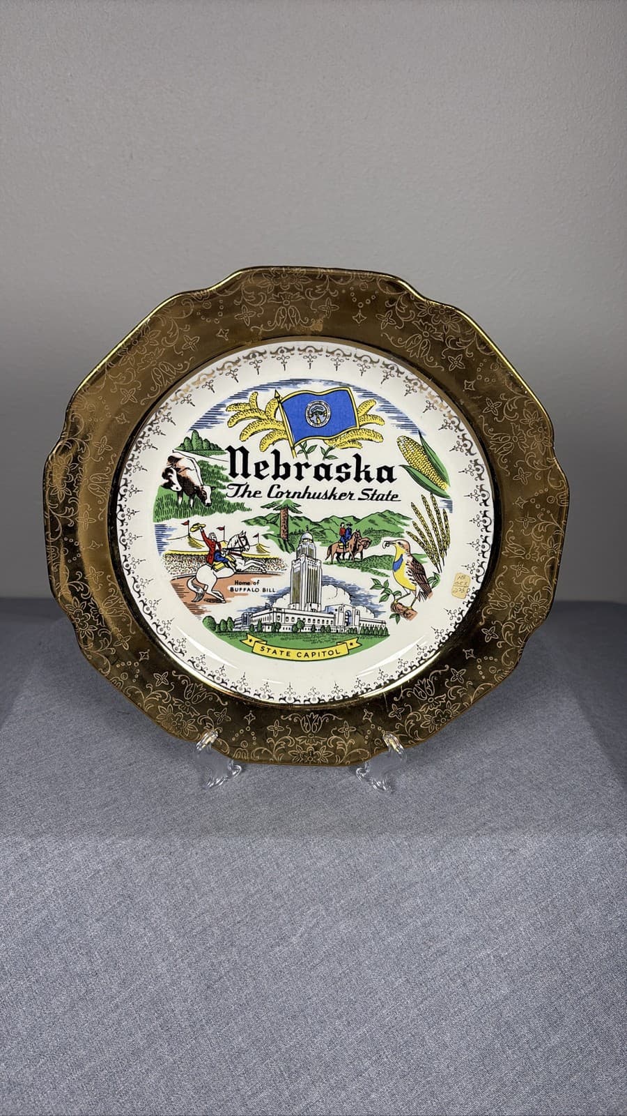 Vintage Nebraska The Cornhusker State Souvenir Decorative Plate Gold Trim