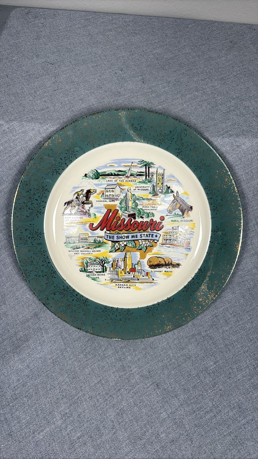 Vintage MCM Missouri The Show Me State Souvenir Plate 10Inch Green Gold Trim