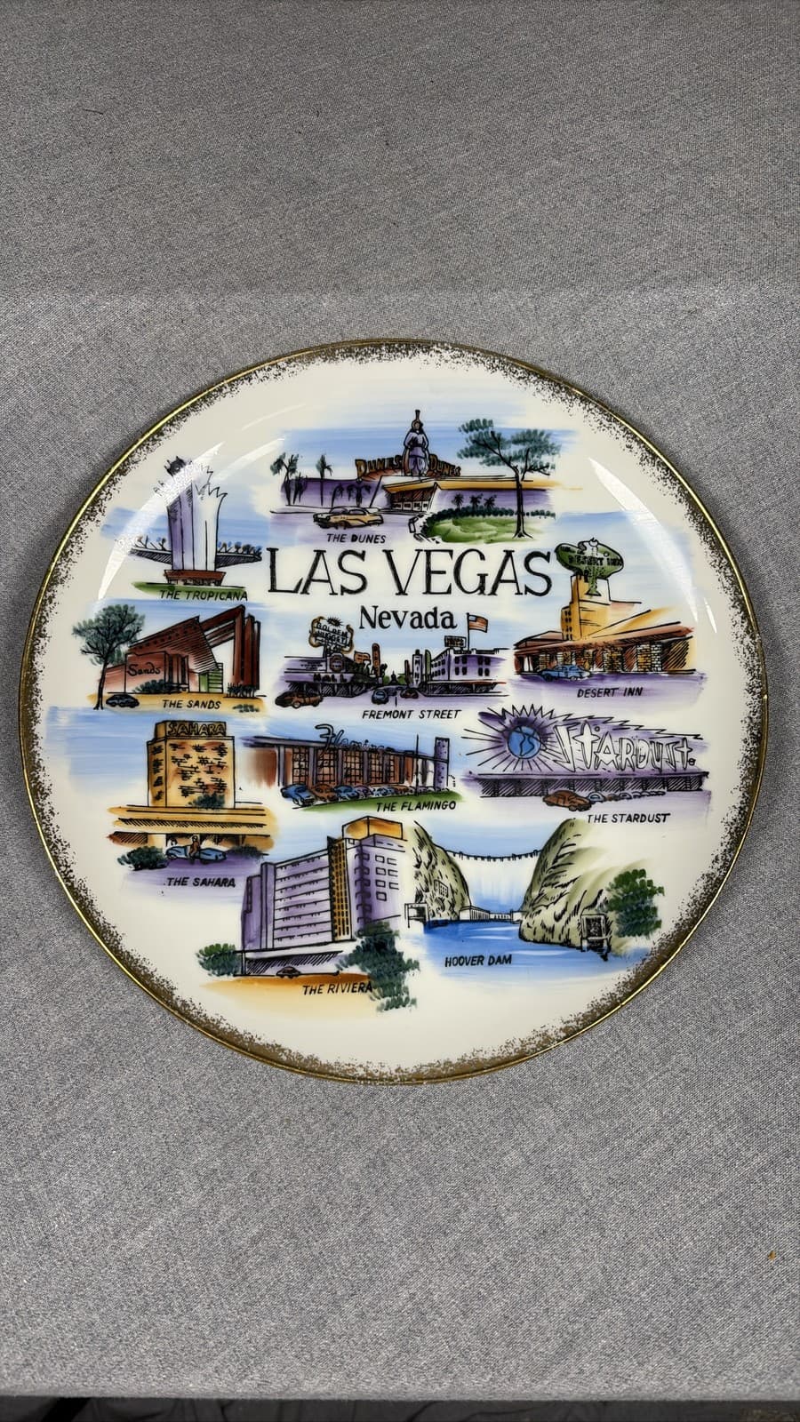 Las Vegas Nevada Souvenir Plate Gold Trim Sands Riviera Stardust Hotels