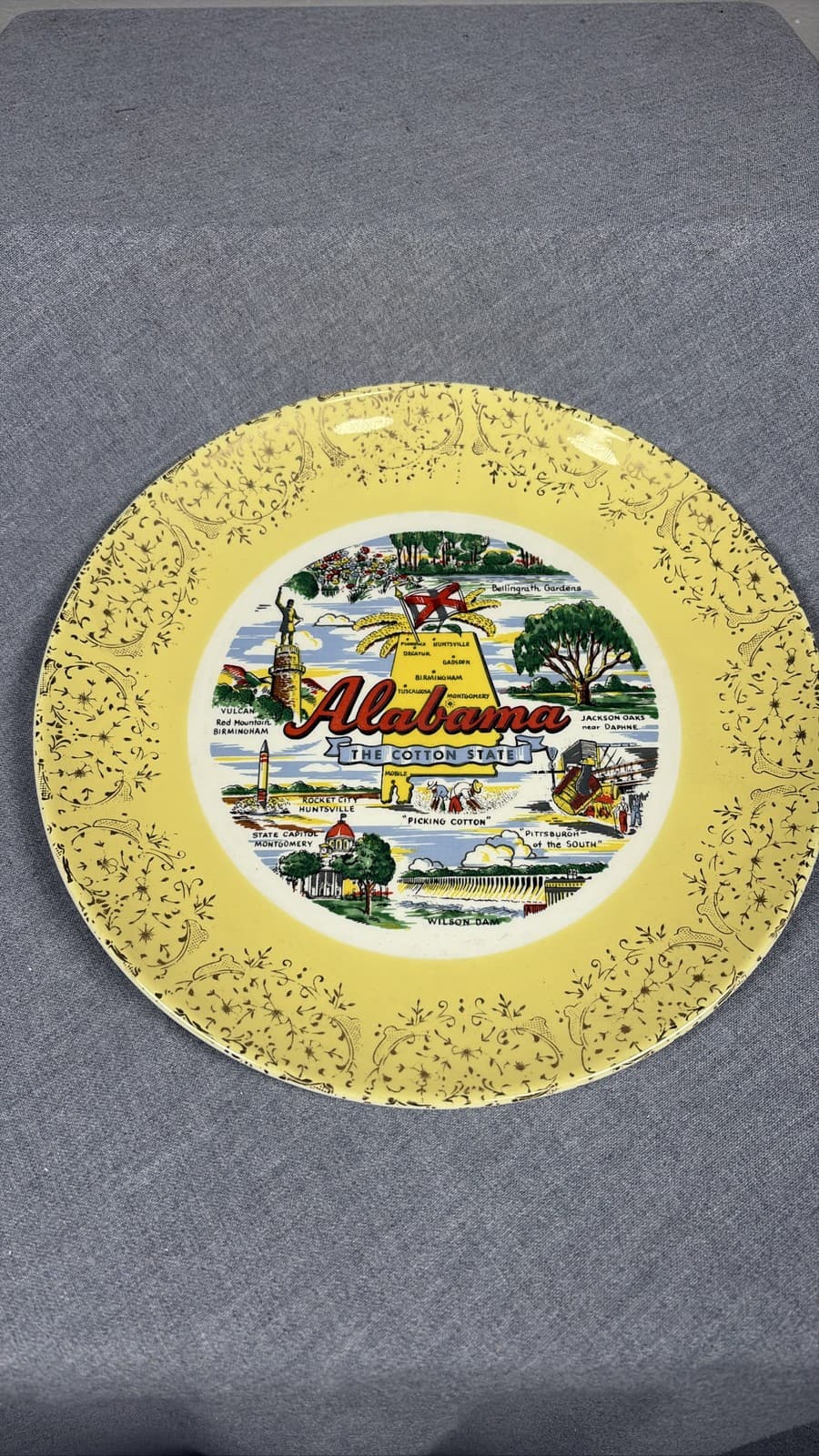 Vintage Alabama Souvenir Decorative Plate The Cotton State Graphic Gold Trim