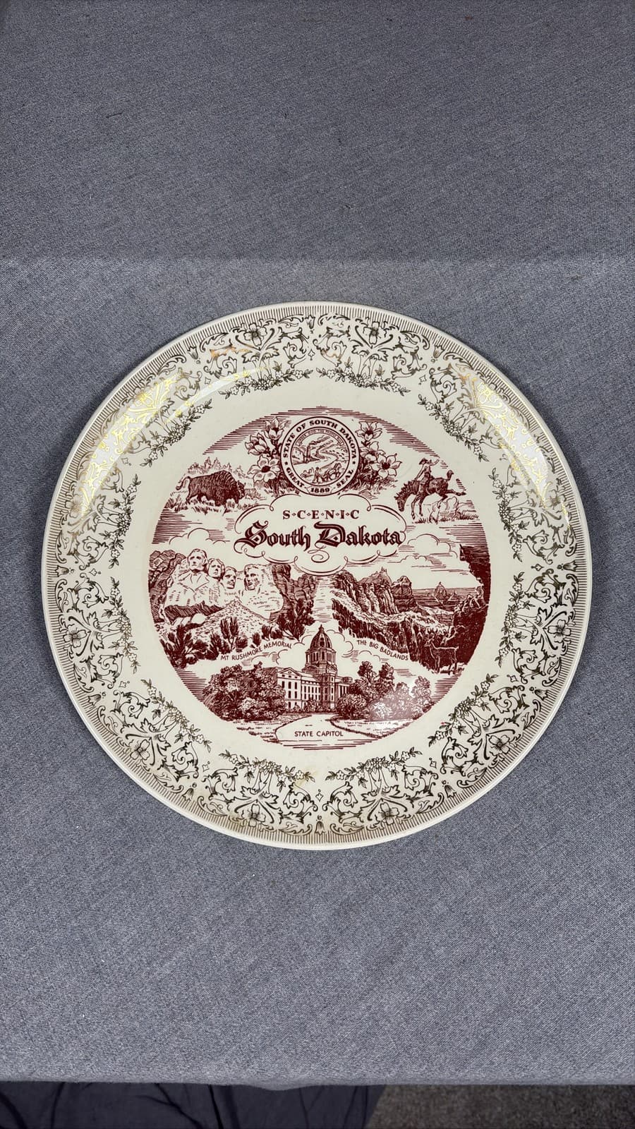 Vintage Vernon Kilns South Dakota Scenic State Collector Plate Red Transferware