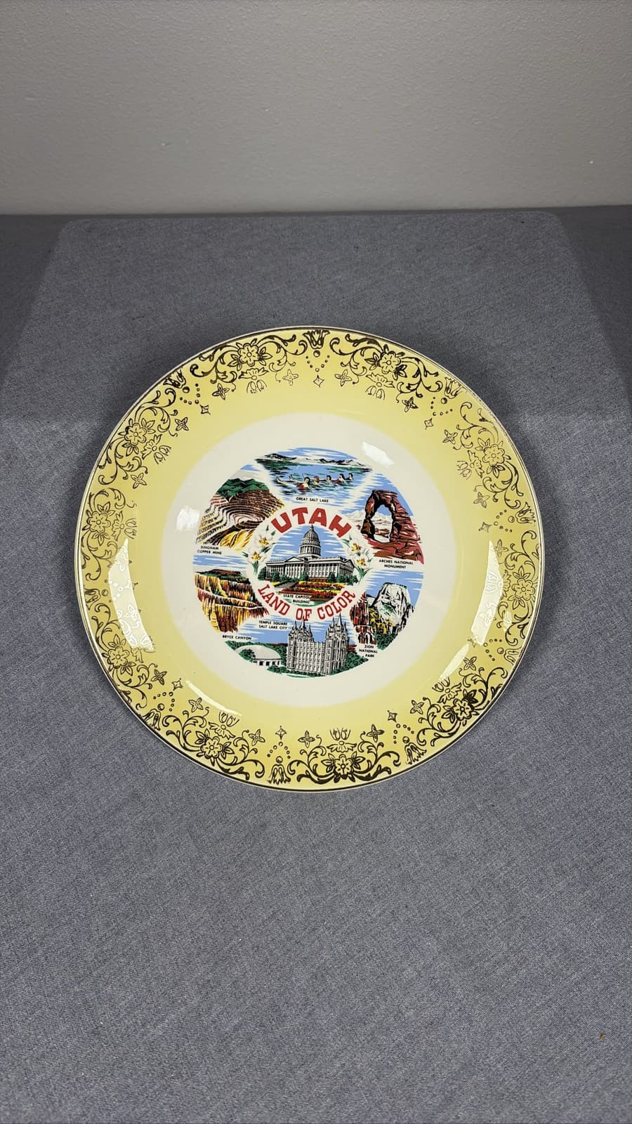 Vintage Utah Land of Color Souvenir Plate Bryce Canyon Temple Gold Filigree