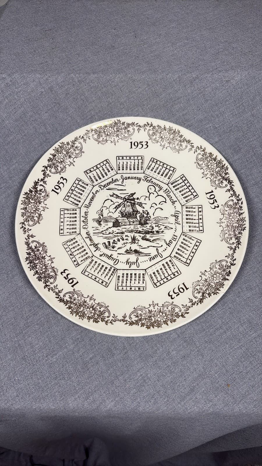 Vintage 1953 Calendar Plate Windmill Sailboat Scene Cream Gold Floral Border