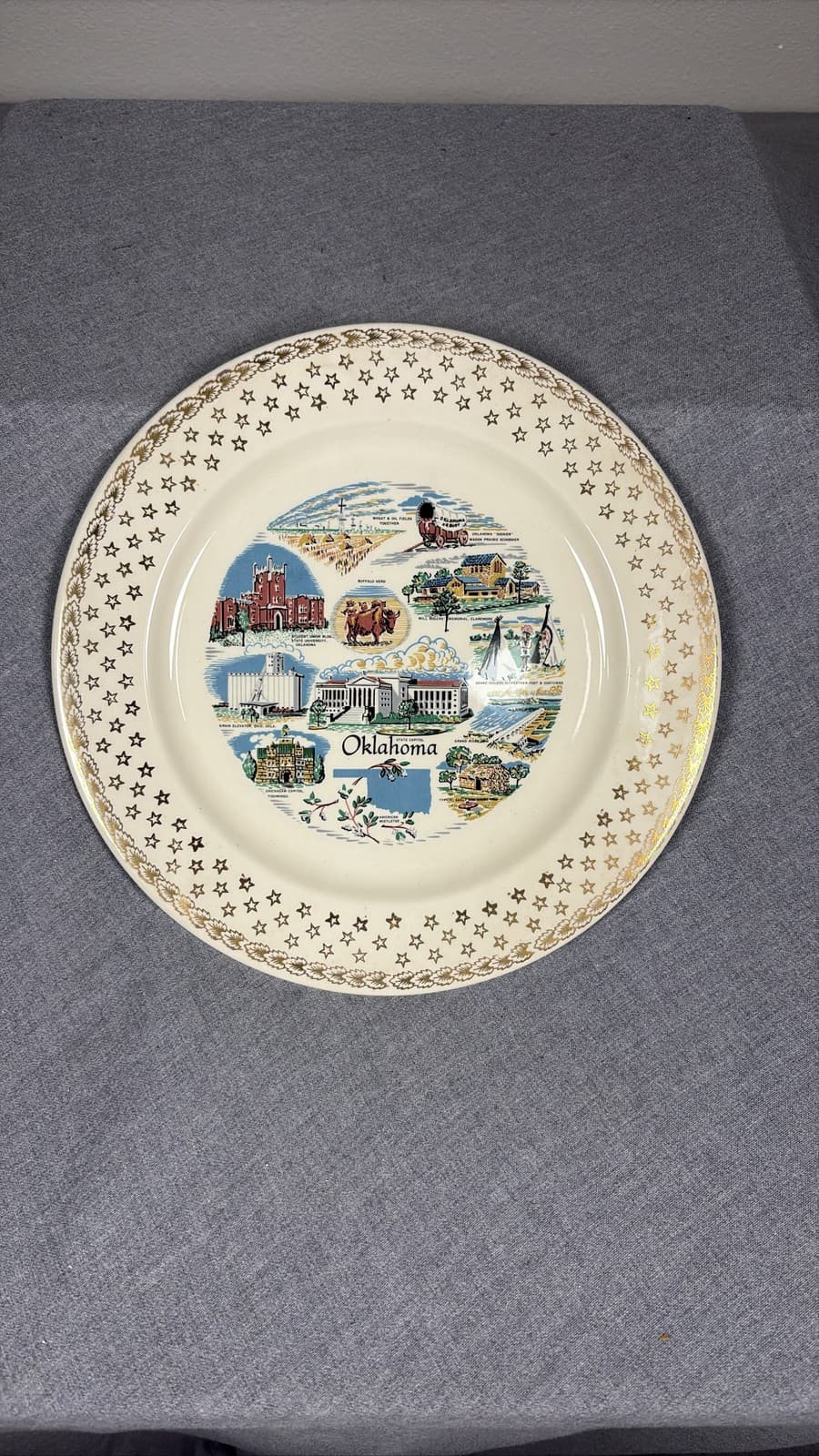 Oklahoma Souvenir Collector Plate The Sooner State Gold Trim Star Border