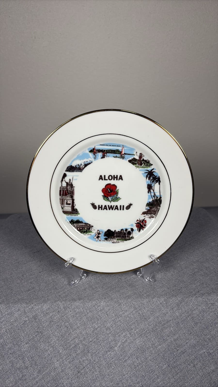 Vintage Hawaii Souvenir Collector Plate Aloha State Gold Trim Hibiscus Decor