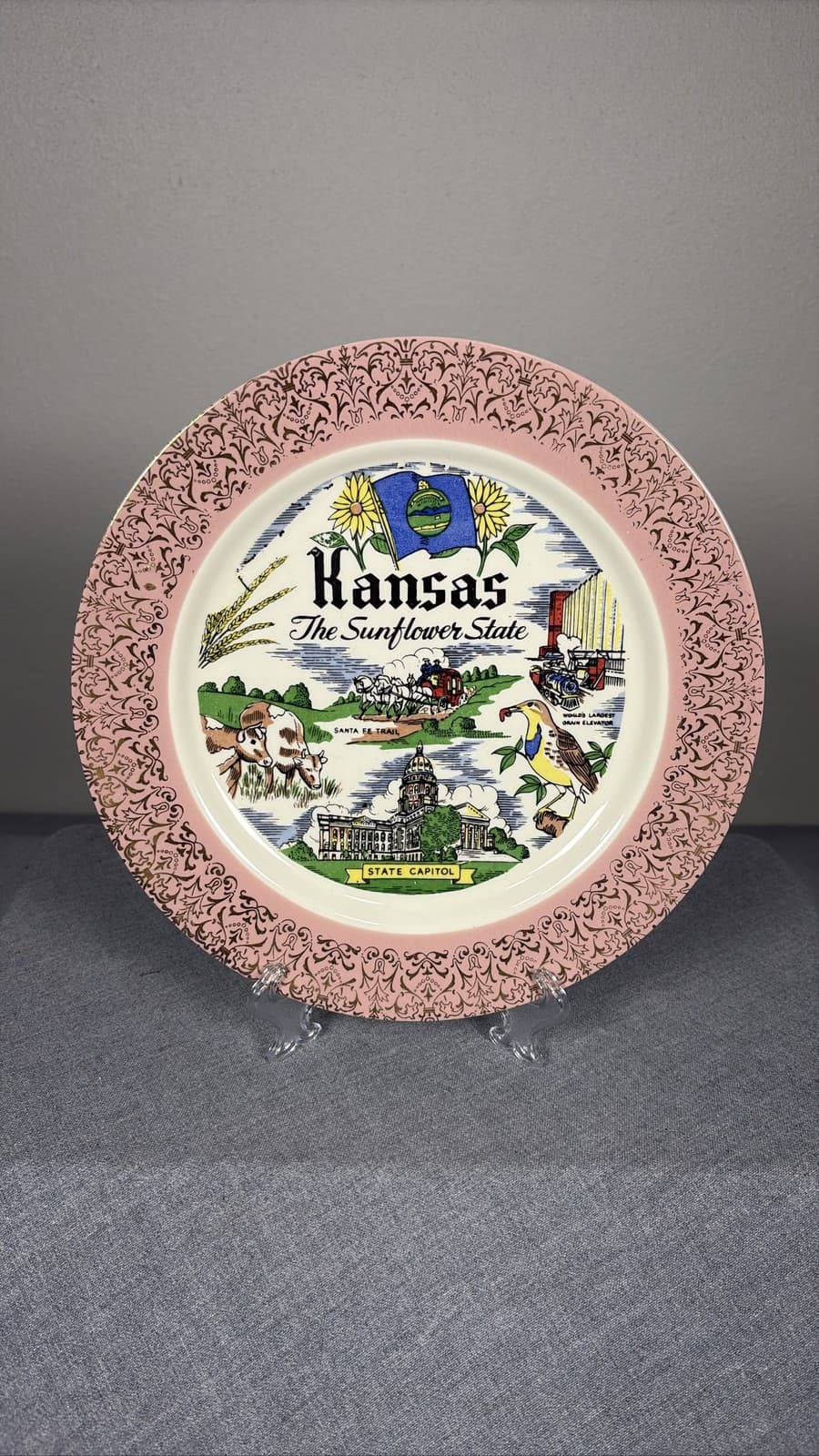 Vintage Kansas The Sunflower State Souvenir Collector Plate Pink Gold Filigree