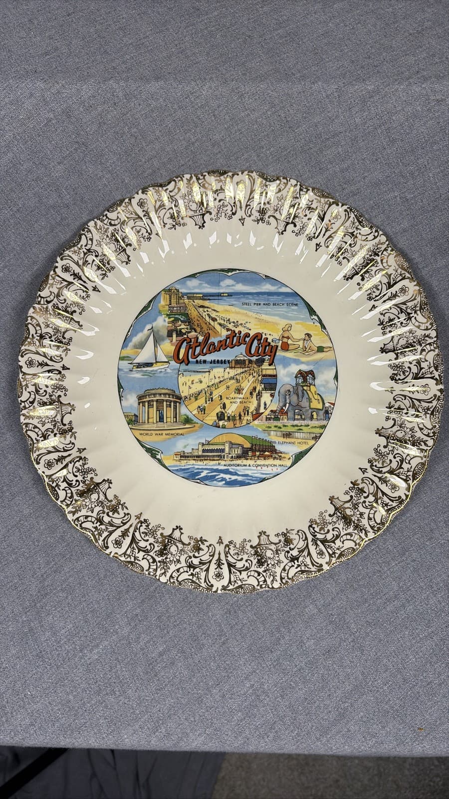 Vintage Atlantic City New Jersey Souvenir Plate Boardwalk Steel Pier Gold Trim