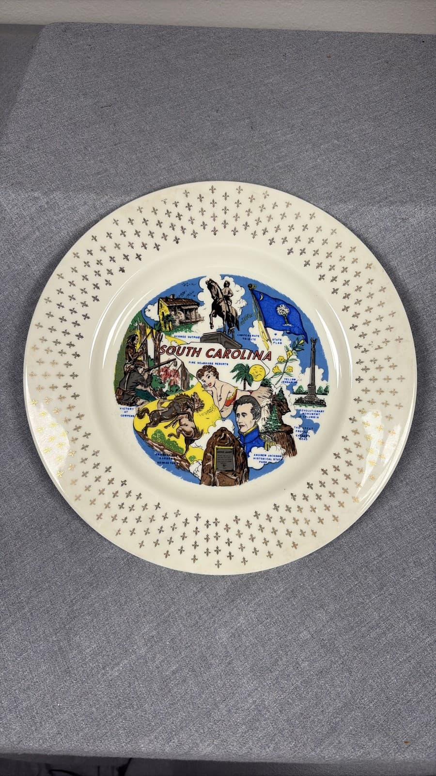 Vintage South Carolina State Souvenir Plate Gold Trim Palmetto State Ceramic