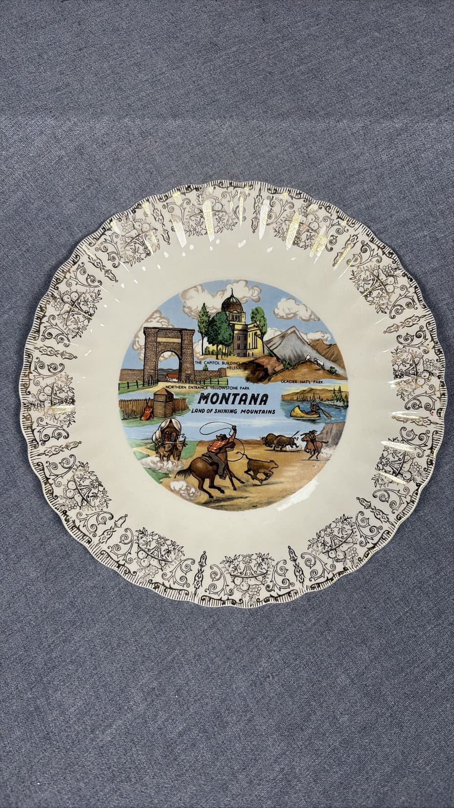 Vintage Montana Souvenir Collector Plate Land of Shining Mountains Gold Trim