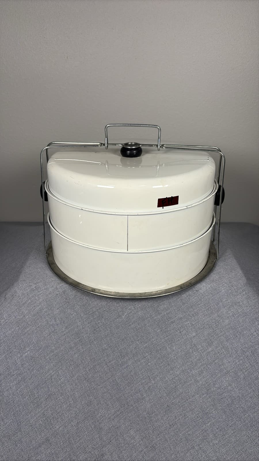 Vintage White Enamel Metal Stacking Tiffin Box 3 Tier Cookie Cake Food Carrier