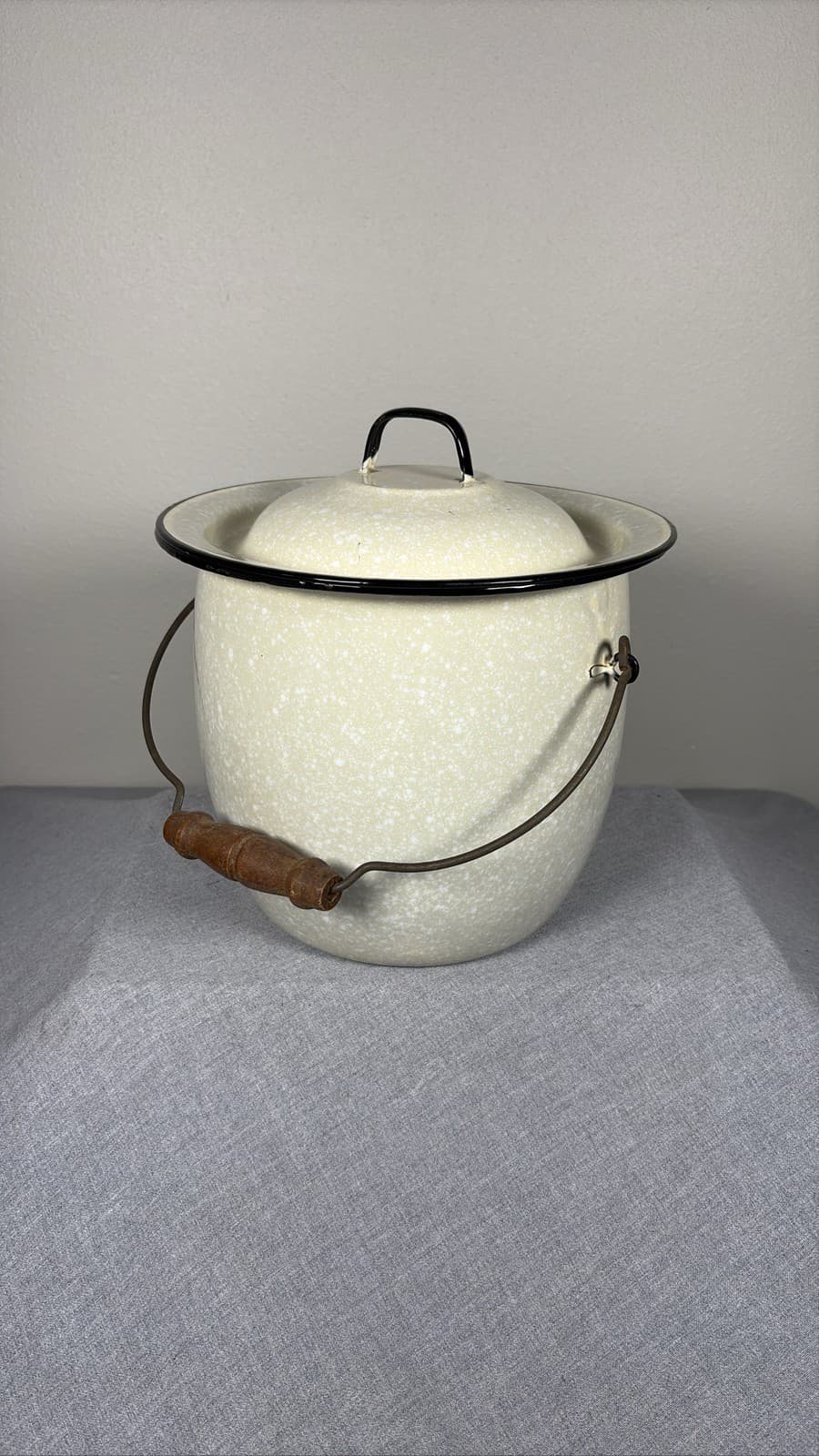 Vintage Cream Speckled Enamelware Chamber Pot With Lid And Wooden Handle