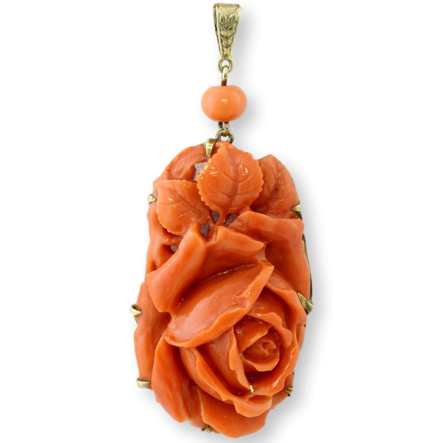 Coral Pendant in 14K Gold w/Natural Momo Coral Rose - 2.25" x 1"