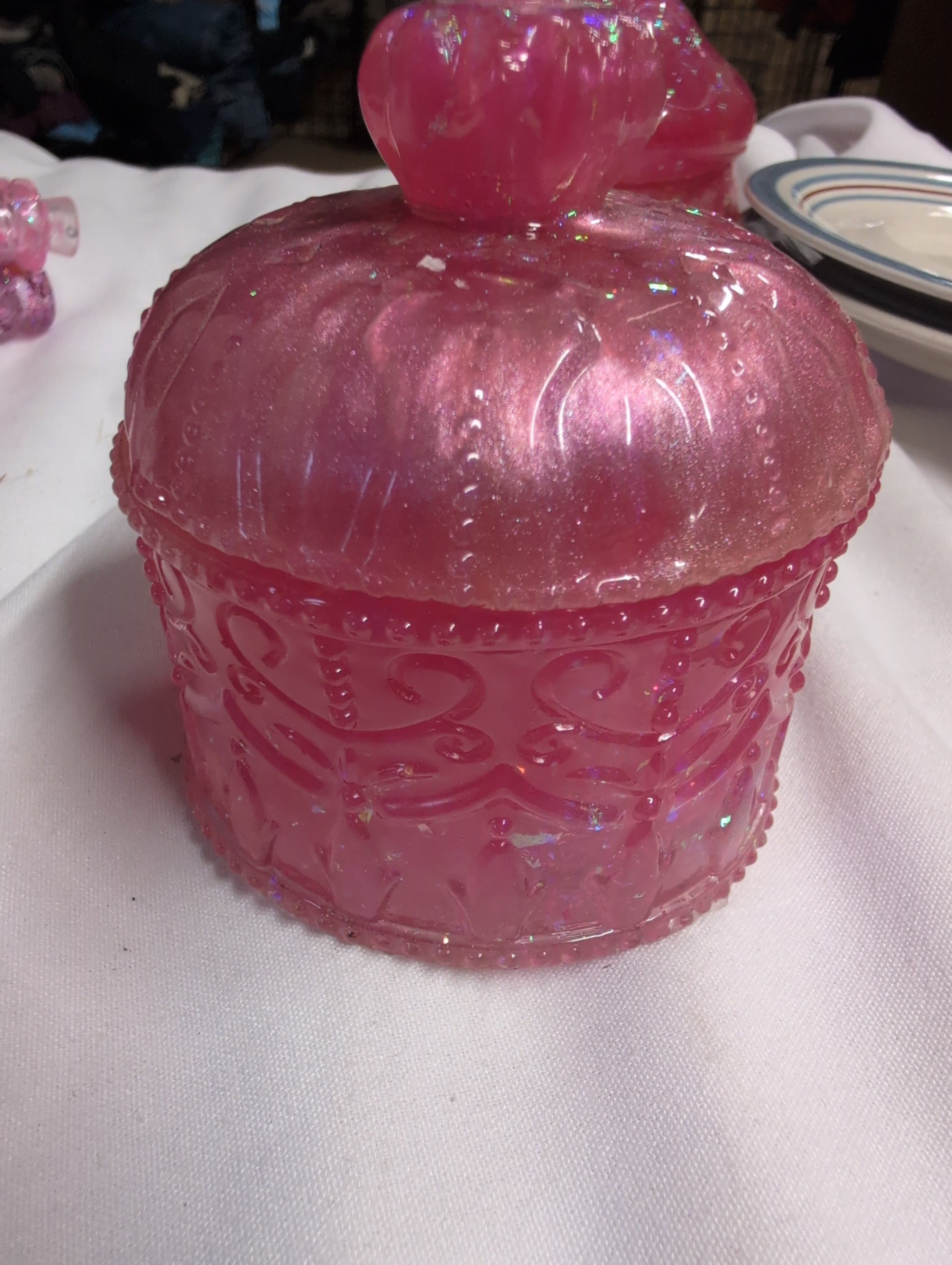 Vintage Pink Glass Candy Dish with Lid