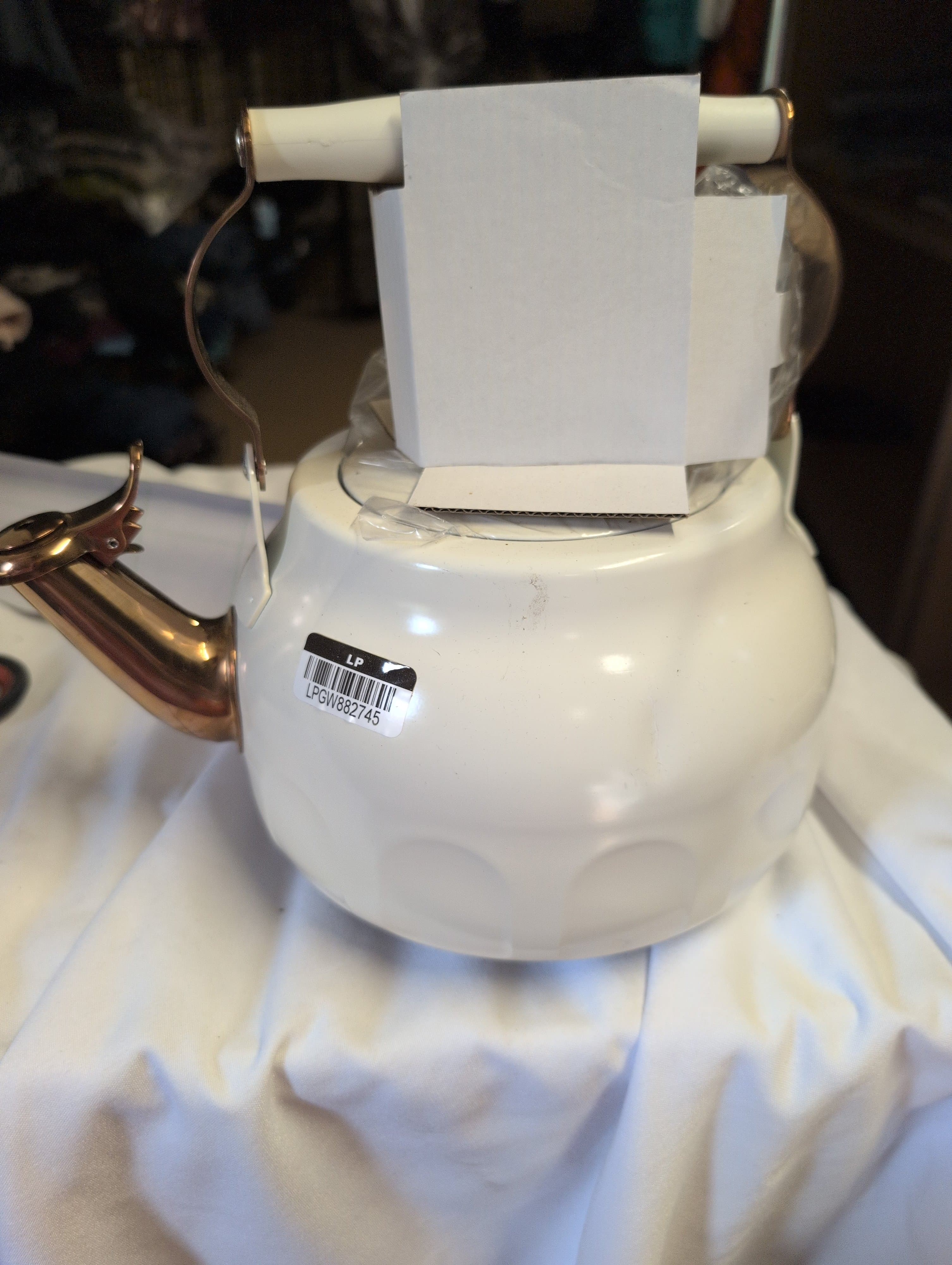 White Enamel Tea Kettle with Copper Spout